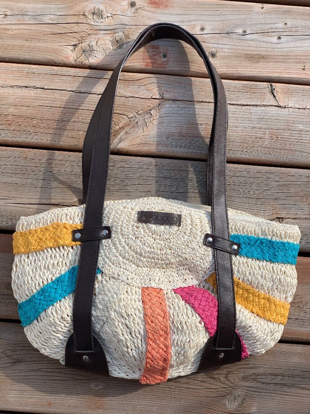 Billabong Crochet Hobo Shoulder Bag Tote Straw Faux Leather Boho Beach Y2K Purse